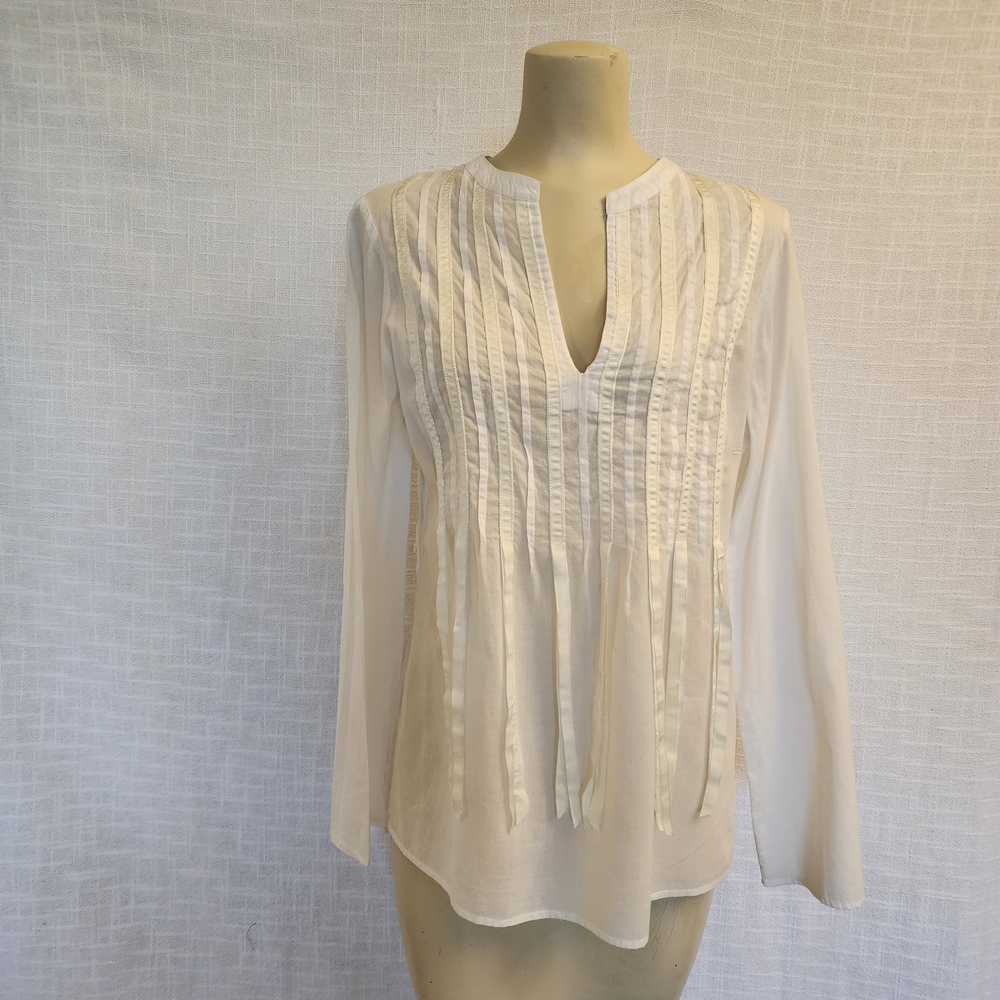 Chelsea & Theodore W 6 White Light Cotton L/S Blouse Embellished W/ Ribbons A420